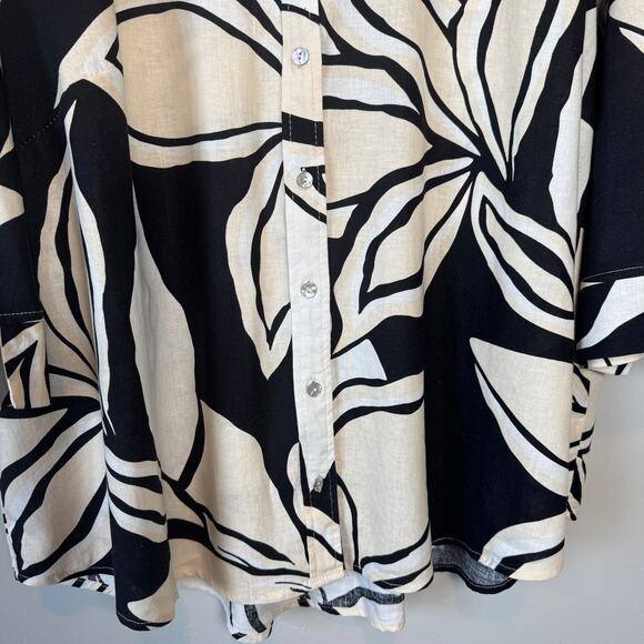 Rachel Zoe Palm Print Button Down Shirt 3X Women Black White Linen Rayon Boxy - Picture 3 of 8